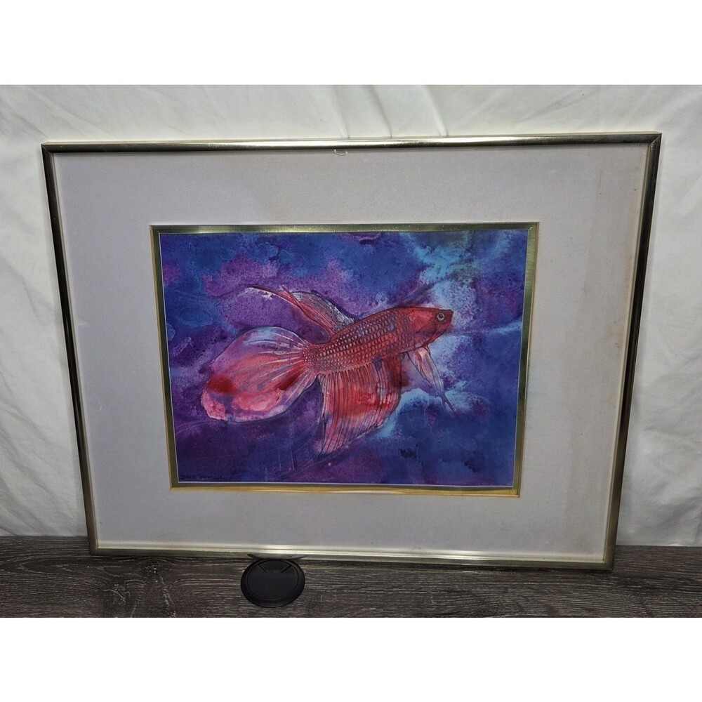 Daryl Murdock Original Watercolor Painting Framed 20x16 Red Betta Fish Siamese